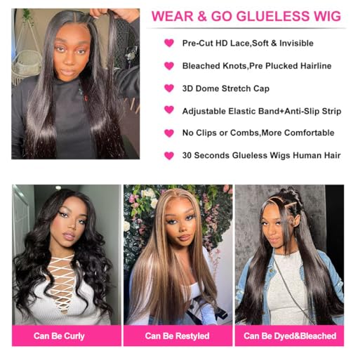 26 Inch Straight Human Hair Glueless Wigs 100% Human Hair Bleached Knots Upgraded Lace Front Wigs Pre Cut Straight 6x4 Glueless Lace Closure Wigs for Women 180% Density Invisible Melt Skin