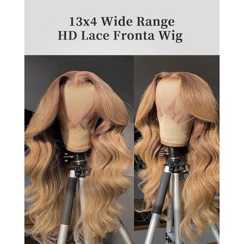 Honey Blonde Lace Front Wigs Human Hair 13x4 HD Transparent Lace Frontal Wigs Body Wave Colored 27 Honey Brown Wavy Wig Pre-Plucked Hairline 180% Density 20 inch