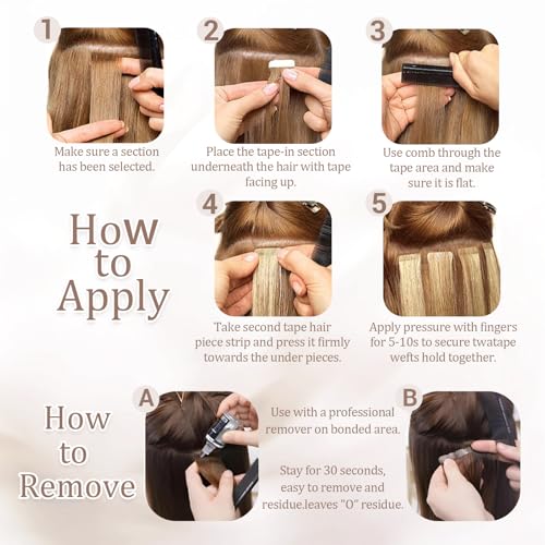Tape in Hair Extensions Human Hair, 20 Inch Choclolate Brown to Caramel Blonde/Brown Remy Human Hair Skin Weft 20pcs 50g/pack Invisible Tape in Hair Extensions (#T4-P27/4, 20 Inch)