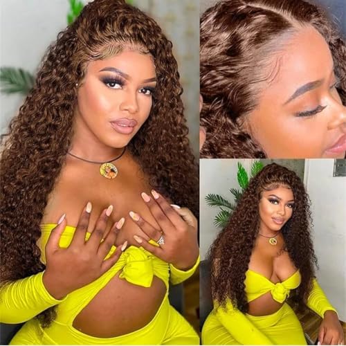 Chocolate Brown Deep Wave Lace Front Wigs Human Hair 13x6 Curly Human Hair Wig 200% Density HD Lace Front Wig Human Hair Pre Plucked Deep Wave Wig for Women with Baby Hair
