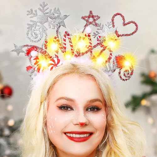 CASDRE Christmas Light up Headband Red White Xmas Candy Hair Hoop Stars Snowflake Sparkly Hair Accessories for Women and Girls