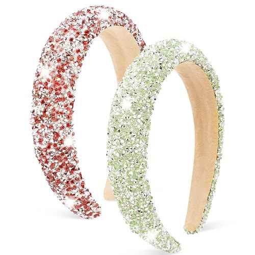 AHONEY 2 Pack Rhinestone Headband Women Girls Thick Padded Headband, Sequin Beaded Pearls Head Band Glitter Cute Headband Birthday Prom Christmas Hair Accessories For Women Girls (Green&Red)