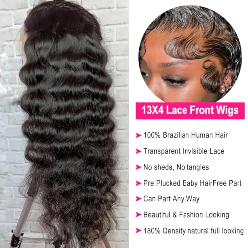 Deep Wave Lace Front Wigs Human Hair Pre Plucked 13x4 HD Transparent Lace Frontal Wigs Human Hair 180% Density Glueless 18 Inch Curly Wigs for Black Women Bleached Knots