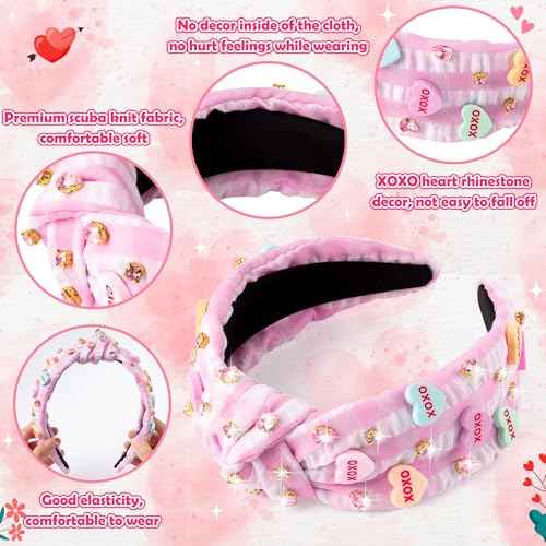 PANTIDE Conversation Heart Jeweled Knotted Headband - XOXO Love Candy Rhinestone Embellished Headband Wide Top Knot Fashion Hair Accessories Mother's Day Birthday Gift for Women Lover (Pink Plaid)