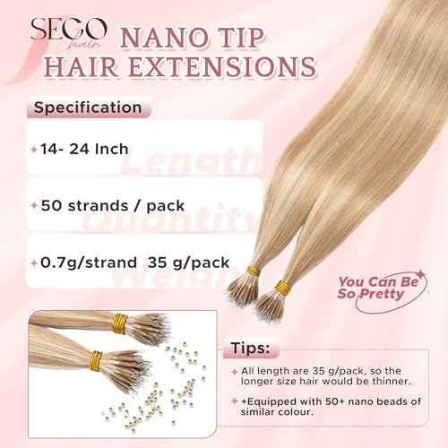 SEGO Nano Tip Hair Extensions Human Hair, Nano Beads Balayage Seamless Highlight Pre-bonded Extensions for Women, 0.7g/strand, 50 strands 35g/pack -20 Inch#18RP613R Ash Blonde&Bleach Blonde