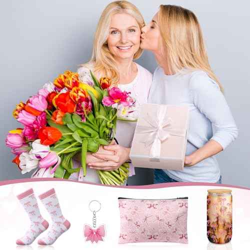 Boao 5 Pcs Pink Bow Gift Set with Glass Cup, Socks, Cosmetic Bag Keychain Coquette Stuff Thank You Gift Box for Girls Women