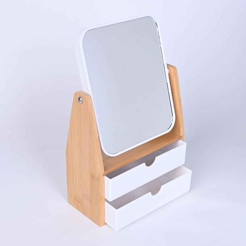 PYSYY 1x / 5X Magnifying Makeup Mirror, Jewelry and Cosmetics Storage Box with Double Drawers, Adjustable Natural Bamboo Stand, 360° rotatable Vertical Desktop Mirror (1, Rectangle)