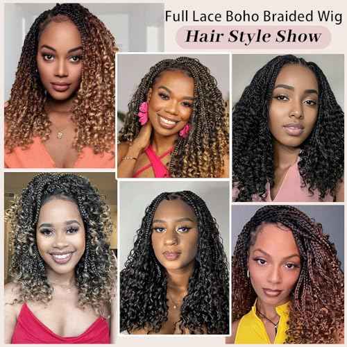Short Boho Braided Wigs for Black Women Glueless Double Full HD Lace Human Hair Blended Braid Wig with Bohemian Curly Ends Goddess Boho Box Braids Wig (Dark Brown, 16 Inch)
