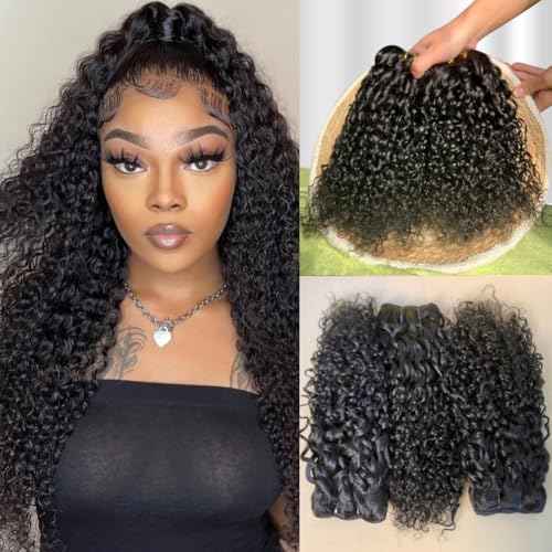 Pixie Curly Bundles Human Hair Water Wave Human Hair Bundles 16 18 20 Inch Kinkycurly Bundles 3c4a Quick Weave Water Wave with Spiral Curly End 100% Raw Virgin Hair Extensions 3pcs Wavy Natural Black