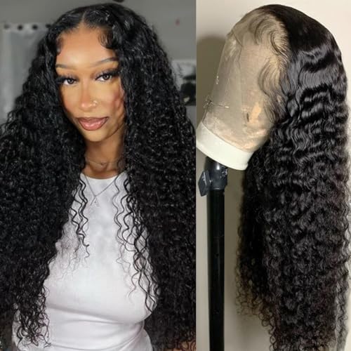 LICHANG Deep Wave Lace Front Wigs Human Hair 4x4 Transparent Lace Closure Wet and Wavy Wigs for Black Women Pre Plucked Human Hair Wig with 180% Density Nature Color 22 Inch