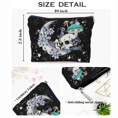 Ayxvt Gothic Hippie Skull Moon Mushroom Botanical Leaf Starry Night Corduroy Cosmetic Bag Decorative Women's Makeup Bag Zipper Pouch Travel Toiletry,Gifts for Skull Lovers Women Girls£¨Corduroy£©
