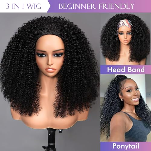 Kinky Curly Half Wig Human Hair 180% Density 3 In 1 Seamless Flip Over Half Wigs Human Hair Glueless Wear and Go Beginner Friendly 14 Inch Drawstring Headband Wig Human Hair for Women Natural Black