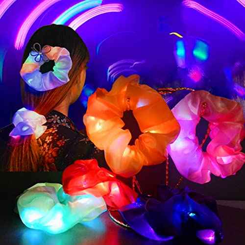 12 Pcs Light Up Scrunchies, LED Scrunchies Neon Satin Ponytail Hair Tie Glow in the Dark Hair Accessories for Women Birthday Christmas Rave