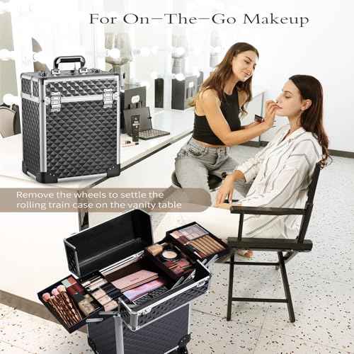 Rolling Makeup Train Case Large Cosmetic Trolley Organized Aluminum Barber Case for Hairstylist Makeup Nail Tech Salon with Keys Swivel Wheels Traveling Cart Trunk - Black
