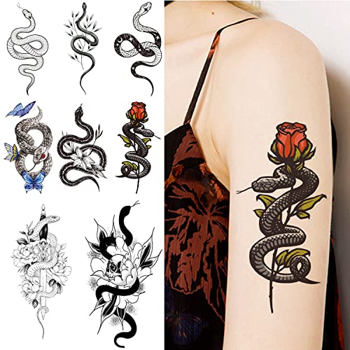 Glaryyears Snake Tattoos for Adults Women Men, 15-Pack Large Realistic Fake Tattoos, Serpent Swords Rose Temporary Tattoo Stickers, Scary on Half Arm Body Tribal