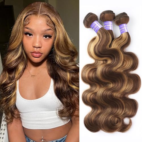 Perstar Ombre Human Hair Bundles Body Wave P4/27 Honey Blonde Bundles Highlight Brown Colored 3 Bundles 14 16 18 Inches 12A 100% Brazilian Virgin Remy Hair Weft