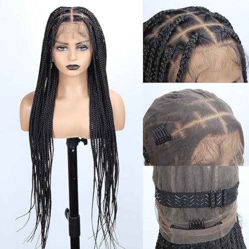36 inch Knotless Box Braid Wigs, 360 Single Full Lace Braided Wigs for Black Women, Synthetic Black Braided Lace Wig