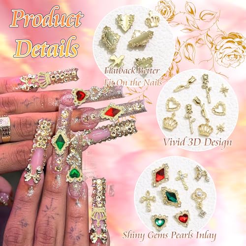BELICEY 56Pcs 3D Gold Nail Charms Assorted Cross Star Heart Charms for Nails Alloy Rose Flower Crown Nail Decoration Luxury Nail Jewelry Green Red Gems Rhinestones for DIY Nail Art Design Crafts
