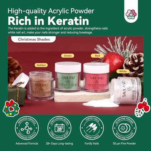 Saviland Acrylic Nail Kit for Starter: 4 Colors Acrylic Powder EMA Monomer Liquid Nail Brush(12#) for Extension Christmas Gift Set