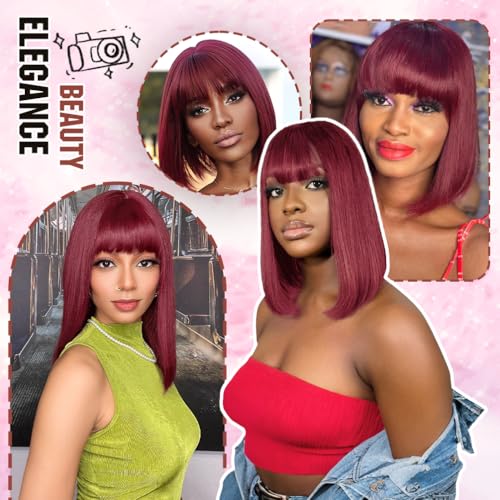 Bob Wig with Bangs Human Hair 200 Density Short Glueless Wigs Ready to Go Straight Bob Bangs Wig for Women Burgundy 12 Inches