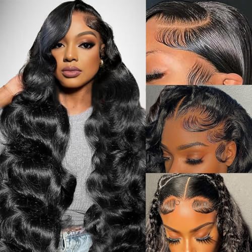 13x6 HD Lace Front Wigs Human Hair 22 inch Body Wave Frontal Wigs Human Hair 210% Density Body Wave Human Hair Wig for Women Pre Plucked Bleached Knots with Baby Hair Natural Black