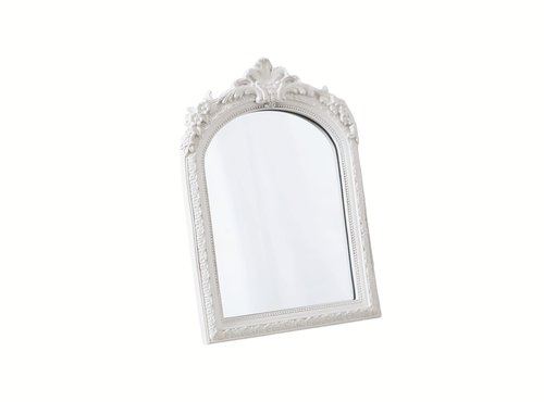 HSDDHOME Small White Vintage Vanity Desk Makeup Mirror Antique Decorative Wall Mirror,Resin Carved Arch Table Mirror with Stand for Living Room,Bedroom Dresser,Desktop Decor 10.2" x 7"