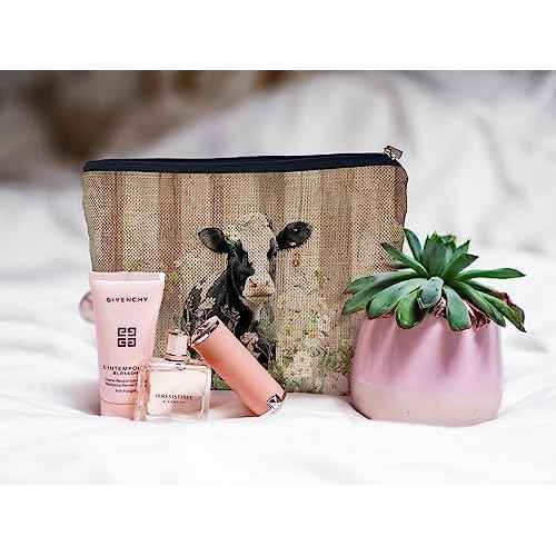 Ayxvt Rustic Watercolor Baby Dairy Cow Daisy Flower Farmhouse Cosmetic Bag Decorative Women's Makeup Bag Zipper Pouch Travel Toiletry,Cow Lover Gifts