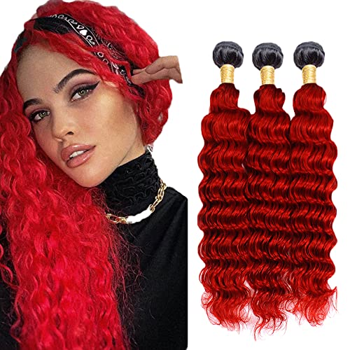 Ombre Deep Wave Bundles Red Bundles Human Hair Weave 2 Tone Fire Red Deep Wave Human Hair 3 Bundles 20 22 24 Inch 8A Soft Virgin Remy Hair Extensions Red Bundles Huamn Hair