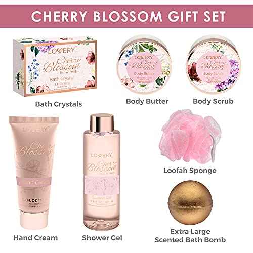Bath and Body Gift Basket For Women, Cherry Blossom Home Spa Set, Body Lotion, Shower Gel, Extra Large Bath Bomb, Body Butter, Body Scrub, Bath Crystal, Puff & Rose Gold Cosmetic Bag