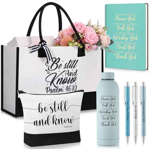 7 Pcs Christian Gift for Women Faith, Inspirational Religious Christmas Gifts, Catholic Tote Bag Makeup Bag Pens(Light Blue)
