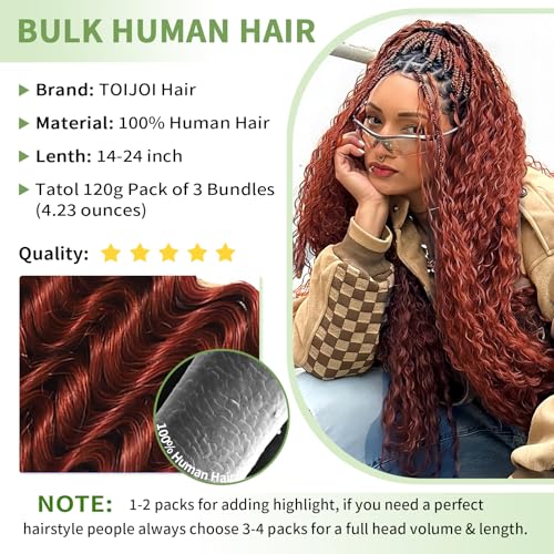 Human Braiding Hair for Boho Braids 120g 12A Deep Water Wave Bulk Human Hair Knotless Boho Braiding Curly 100% Virgin No Weft Extensions Bohemian Braids 3 Bundles/Pack Copper 24 Inch