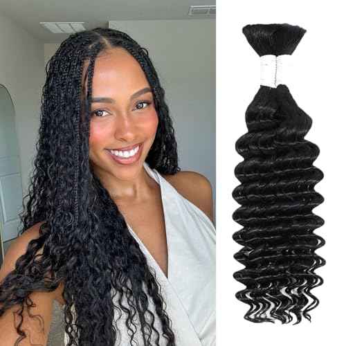 Human Braiding Hair 20 Inch Deep Water Wave Bulk Human Hair for Braiding 12A Brazilian Virgin Curly Hair for Boho Braids Wet and Wavy No Weft 2 Bundles 100g Hair Extensions