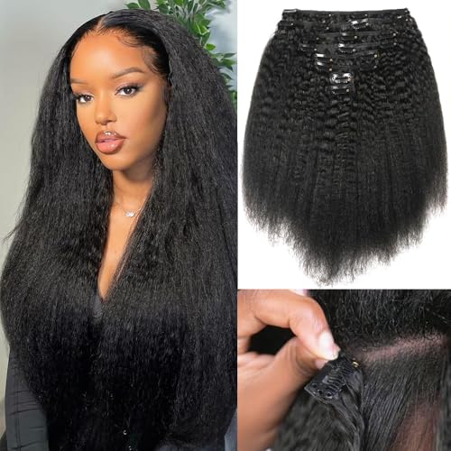 KRN Clip in, 136g 8 pcs Full And Thick Kinky Straight Hair Extensions Clip ins for Black Women 12A Natural Black Hair Extensions Clips in Human Hair with Clips Easy to Wear 22 Inch