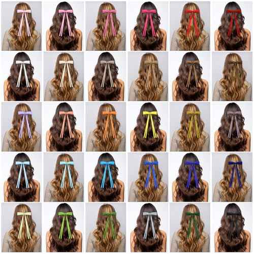 Mimorou 30 Pcs Hair Bow Clips Bulk Ribbon Bowknot Satin Tassel Hair Clips Barrettes Accessories with Long Tail for Women Girls