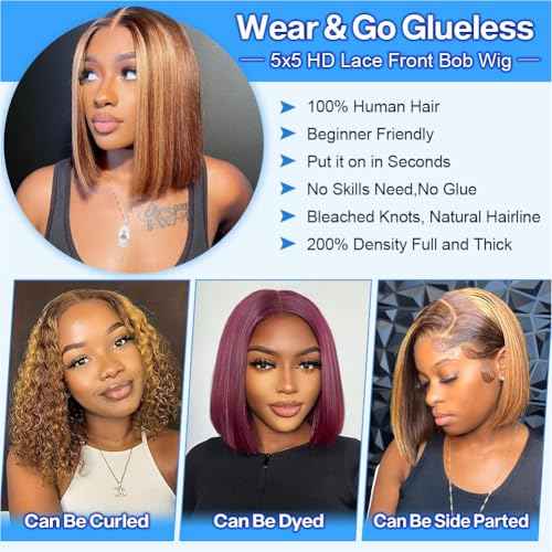 Wear and Go Glueless Bob Wig Human Hair 200% Density 5x5 HD Lace Closure Wigs For Black Women Glueless 5x5 Closure Wigs Human Hair Pre Plucked Bob Highlight Color 14 Inch