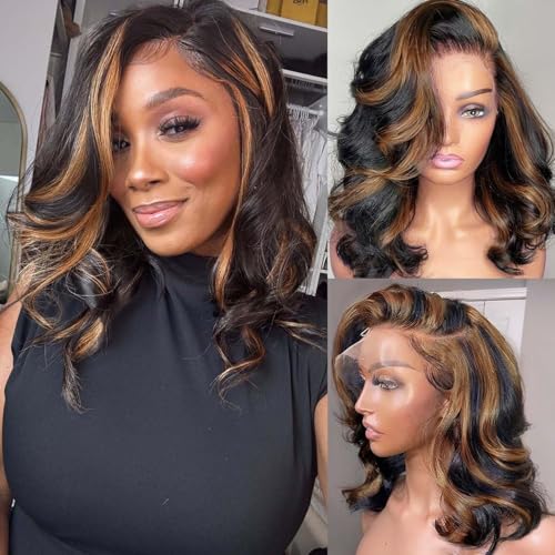 13x6 Highlight Body Wave Lace Front Wigs Human Hair 200% Density FB/30 Ombre Frontal Wigs Human Hair Pre Plucked Short Wigs for Black Women Glueless Balayage HD Lace Wig Loose Wavy 12 inch