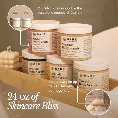 Bare Botanics Unscented Body Scrub 24 oz - Naturally Scented Sea Salt Scrub Made in Madison, WI - Formulated w/Skin Loving Moisturizers - Vegan, Cruelty Free Exfoliator w/a Cute Wooden Spoon