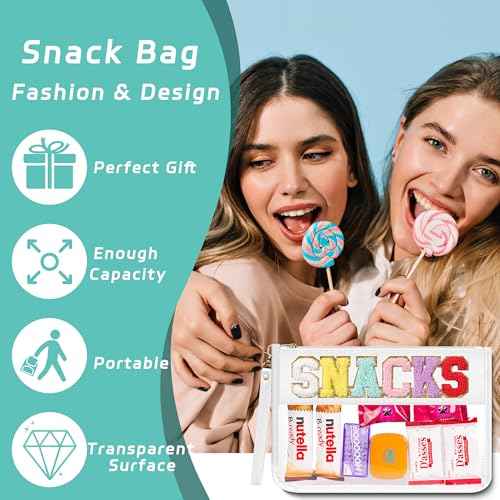Clear Zipper Pouch PVC Waterproof Nylon Makeup Letter Bag for Women Girls Chenille Letter, for Travel, Cosmetic Bag, Snack Bags, Clear Stuff Bags, For Travel,£¨White-Snacks£©