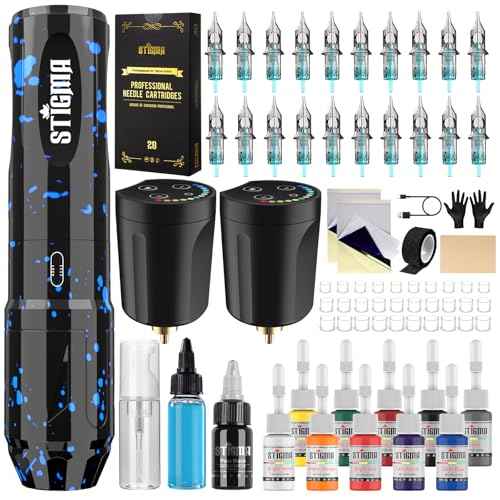 STIGMA Wireless Tattoo Gun Kit Complete Tattoo Kit Tattoo Rotary Pen Set with 2Pcs Tattoo Battery 20Pcs Cartridge Needles 11Pcs Ink Tattoo Machine Kit for Beginners Tattooist ST-TK9003-3