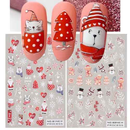 Christmas Nail Art Stickers 3D Snowflake Snowman Nail Stickers 6PCS Santa Claus Bear Elk Winter Christmas Adhesive Decals New Year Design Slider Nail Art Supplies for Xmas Manicure Nail Decorations