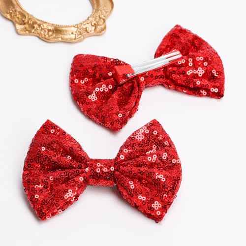 KISZU Large 5 Inch Glitter Hair Bows Clips, Sparkling Sequin Big Bow HairPins for Baby Girls Children Teens and Women (Red)