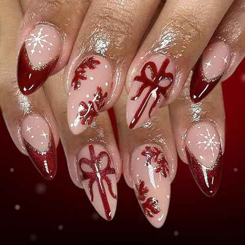 Christmas Press on Nails Medium Almond Fake Nails Glossy Xmas False Nails with Designs Red French Tip,Gift,Snowflake Glue on Nail Full Cover Reusable Winter Christmas Nail for Women Manicure 24Pcs