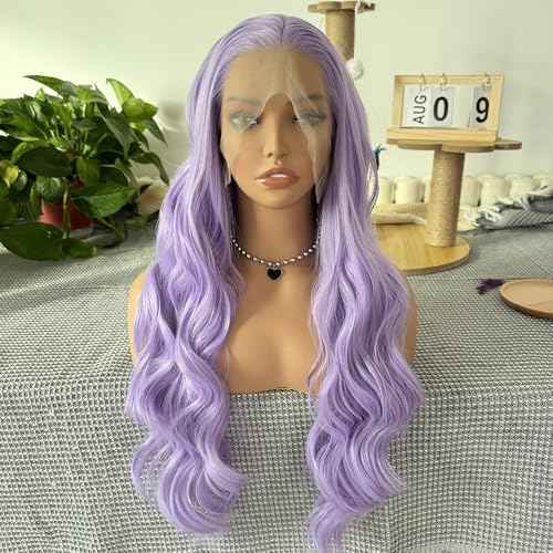 RONGDUOYI Lavender Body Wave Lace Front Wig Synthetic Hair For Women Ready To Wear Glueless Light Purple Wig Heat Resistnt Natural Hairline Long Hair Cosplay 24Inches