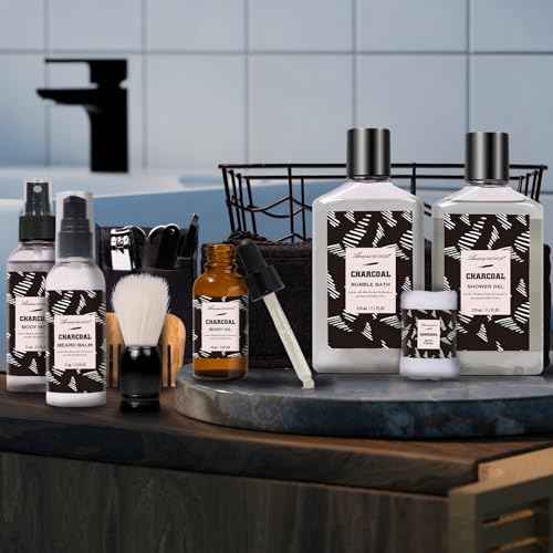 Father Day Gift for Men Spa Gifts for Men, Charcoal Bath and Body Gift Set for Men, 10 Pcs Spa Kits Ideal Birthday, Christmas. Men's Relaxation Bath Baskets, Self Care Kit
