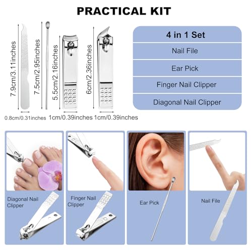 100 Sets Finger Nail Clipper Set Bulk,4 in 1 Adult Stainless Steel Travel Manicure Kit with Case Individually Wrapped Nail Clippers Bulk for Homeless,Hotel,Charity(2 Colors)