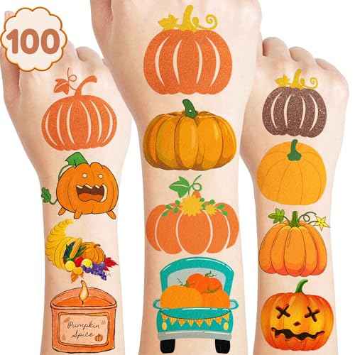 Cute Pumpkin Temporary Tattoos 10 Sheets 100 PCS Fall Pumpkin Party Decorations Favors Supplies Fall Theme Birthday Stickers Halloween Gifts for Boys Girls Kids Class School Prizes Carnival Christmas