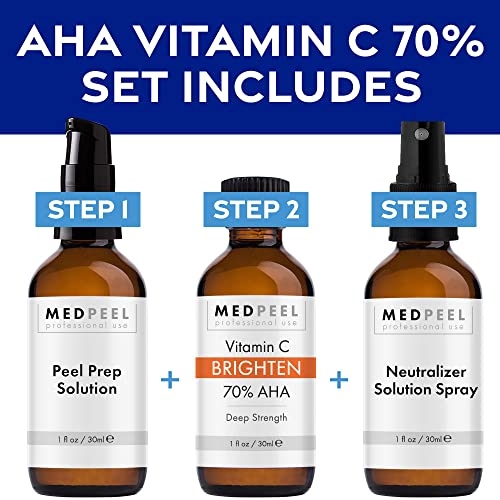 Medpeel 70% AHA & Vitamin C Brightening Essential Peel Kit, Includes Peel, Prep, Neutralizer, Deep Strength Professional Grade Chemical Face Peel, Reduces Age Spots, 1oz/30ml (Kit of 3)