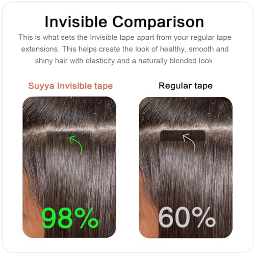 SUYYA Invisible Tape in Hair Extensions Human Hair Darkest Brown Seamless Injected Hand-Tied Pro Quality Virgin Human Hair 20PCS 40G/Pack Straight Tape Ins(16 inch #2 Darkest Brown)