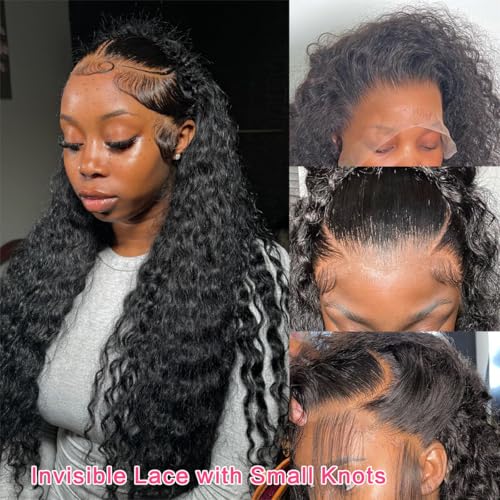 16 Inch Deep Wave Lace Front Wigs Human Hair 200 Density 13x6 HD Transparent Lace Deep Curly Lace Frontal Wigs Natural Black Curly Human Hair Wig Pre Plucked