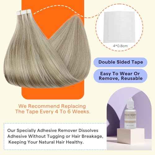 Full Shine Tape in Hair Extensions Human Hair 18 Inch Remy Human Hair Tape in Extensions Color 18/613 Ash Blonde Highlight with Platinum Blonde Invisible Hair Extensions Tape Ins 20Pcs 50Grams